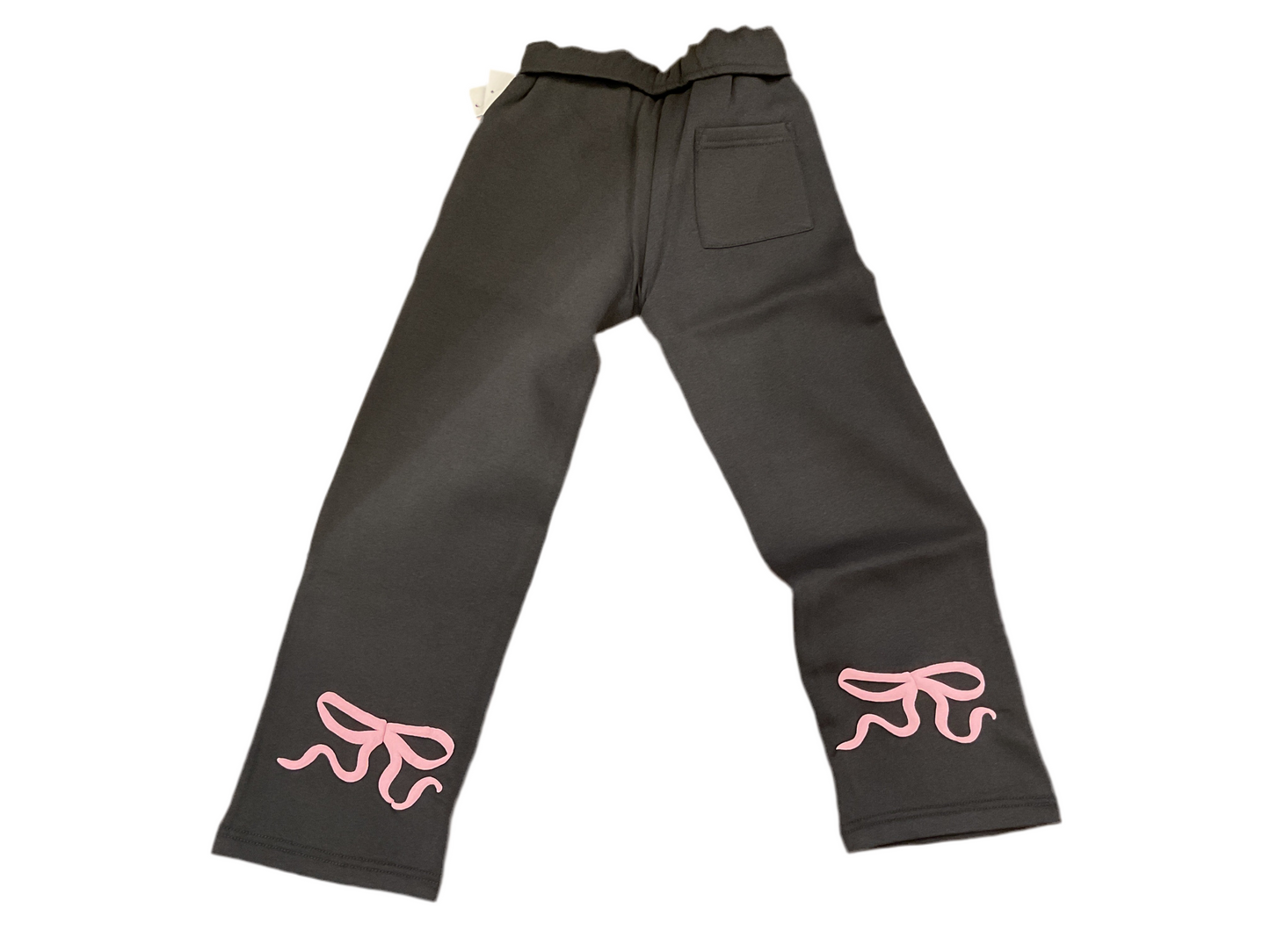 Grey wide leg pant with pink bow