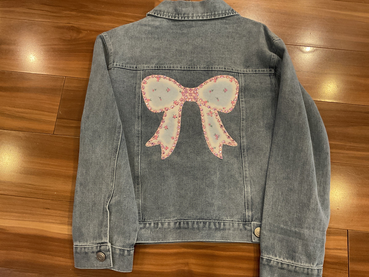 Pearl&Gemstone floral patch denim jacket