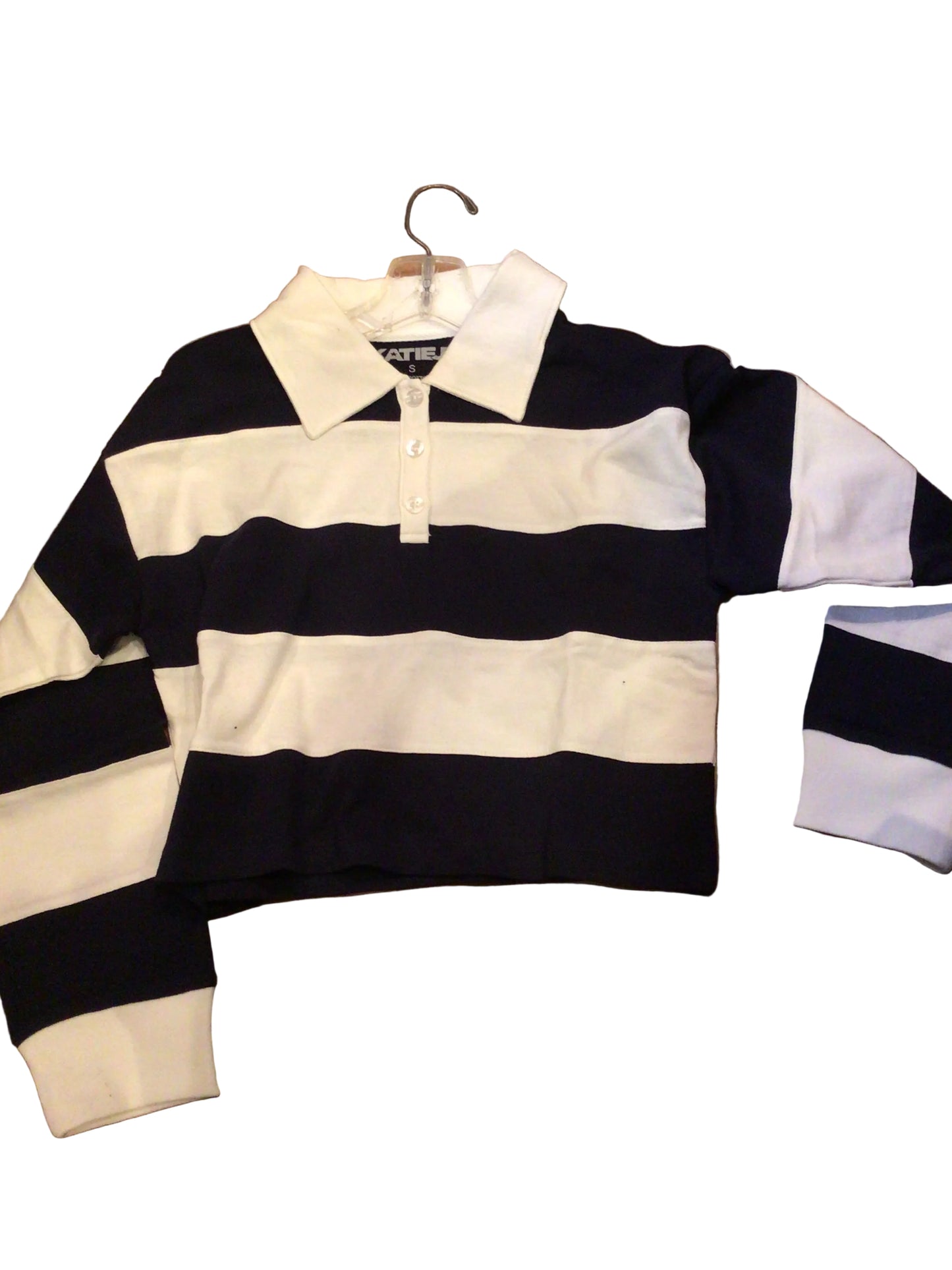 Katie J navy white striped rugby shirt