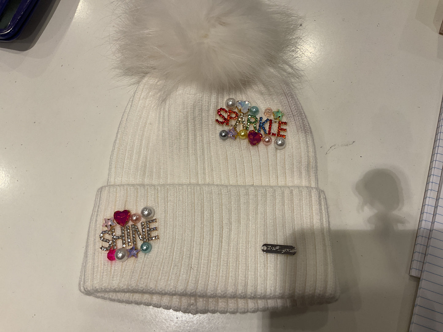 White sparkle pom pom hat