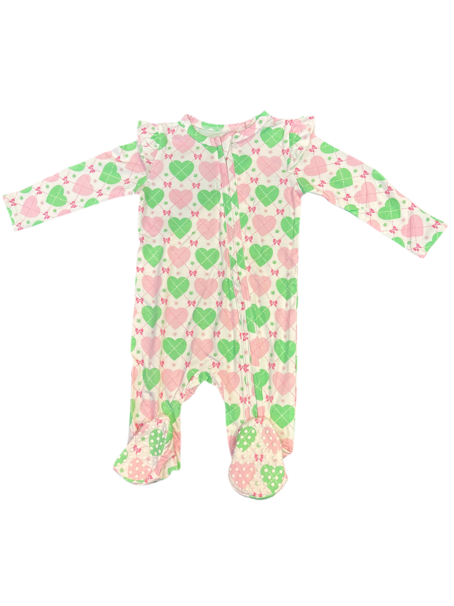 Heart Argyle zipper footie