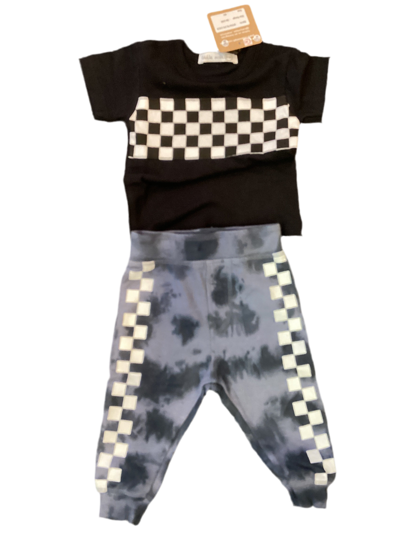 Little Mish tie dye check tee & pant set