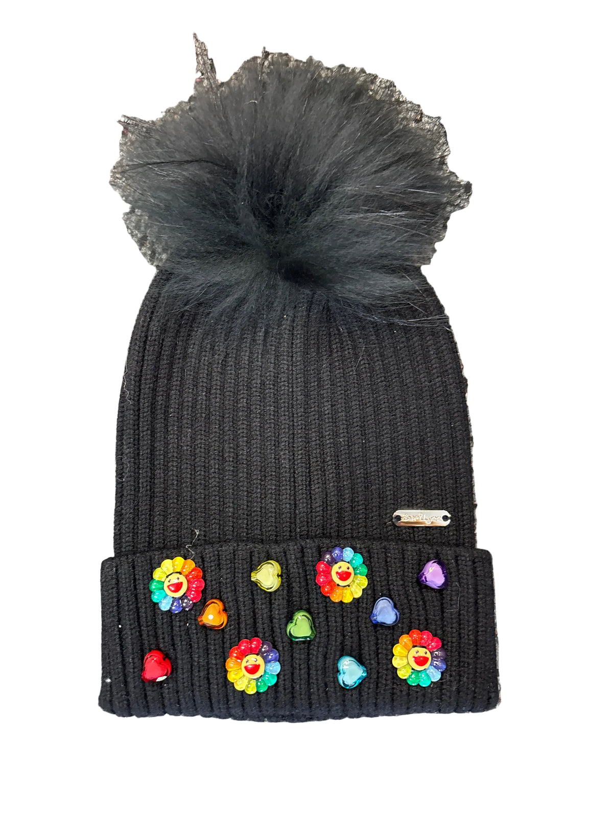 Flower charm cuff hat w/pom pom