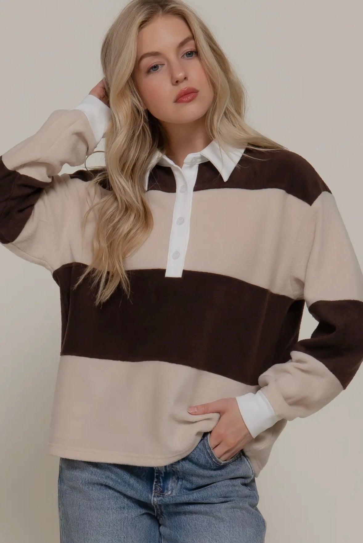 Cream/brown rugby stripe fleece top