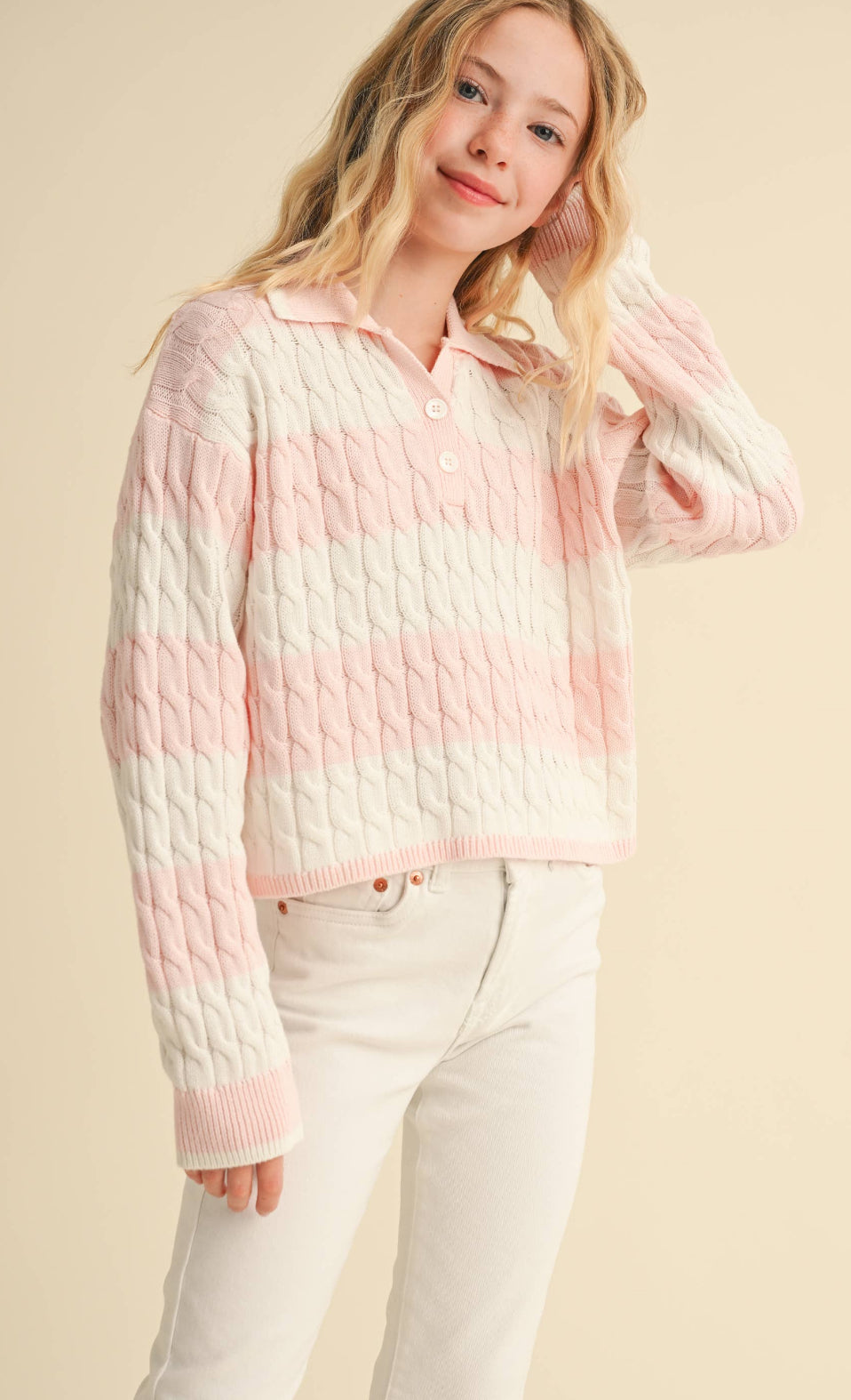 Pink & White Striped Collared Sweater