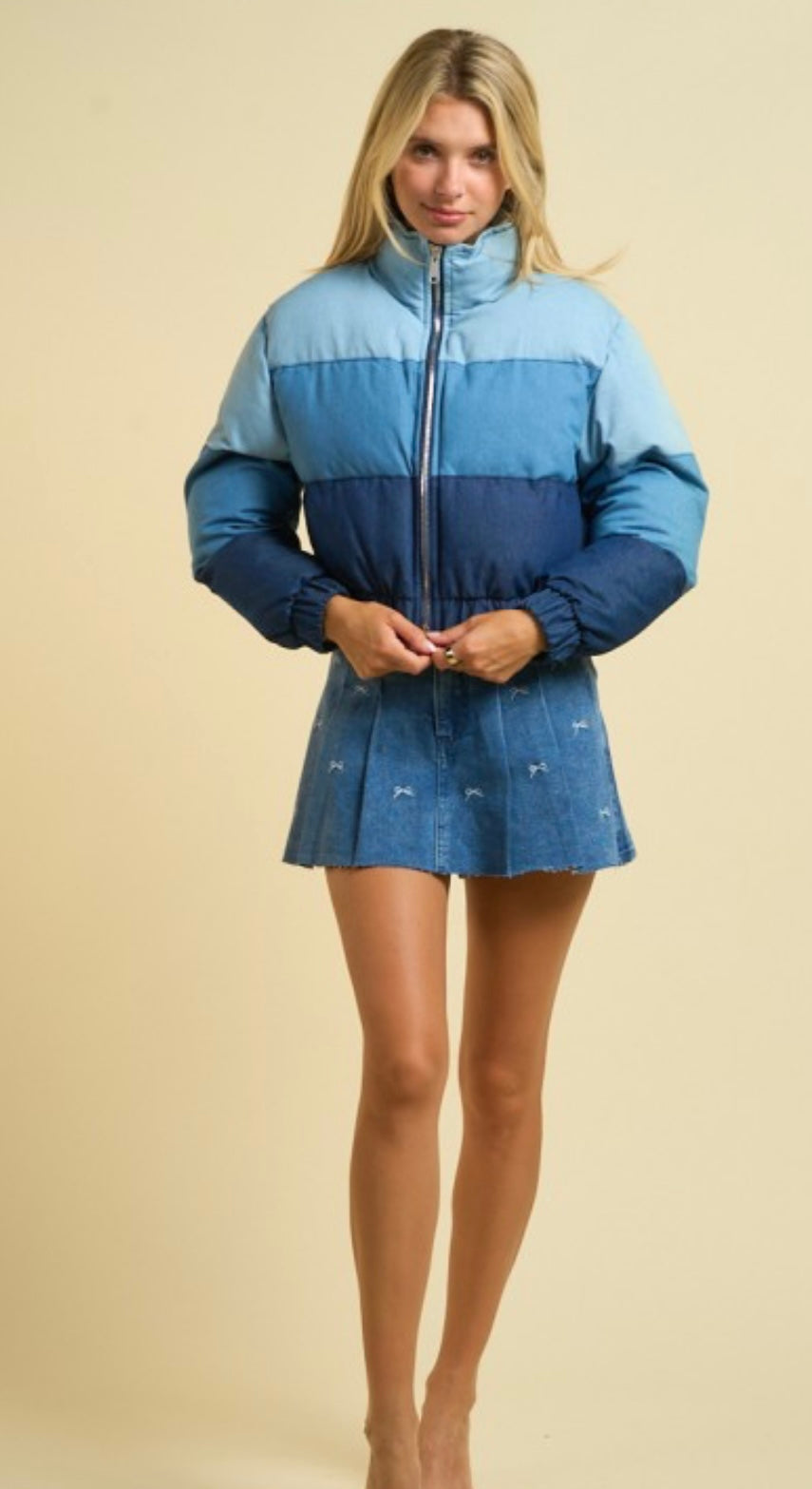 Cropped Denim Puffer Coat