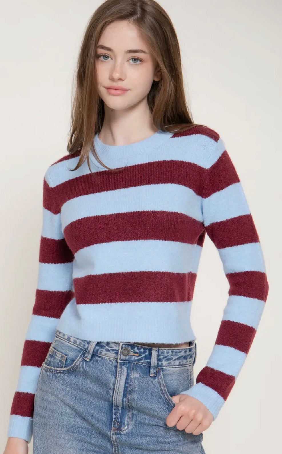 Bergundy/Blue crew neck stripe sweater
