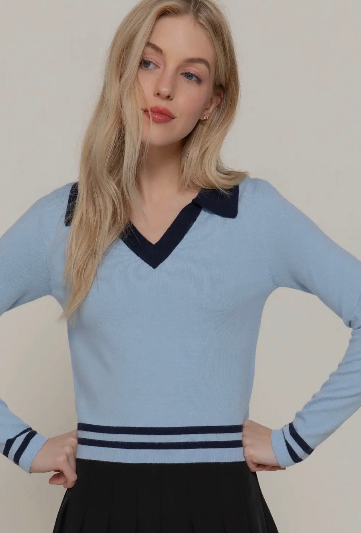 Blue v neck varsity sweater