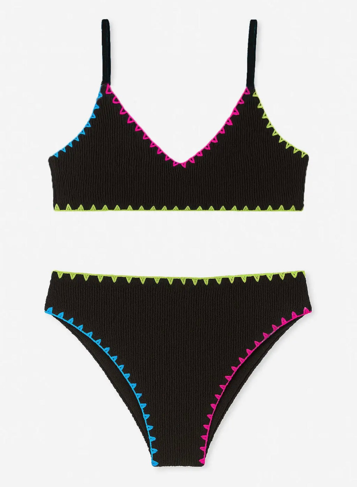 2pc Crinkle triangle bikini with embroidered trim