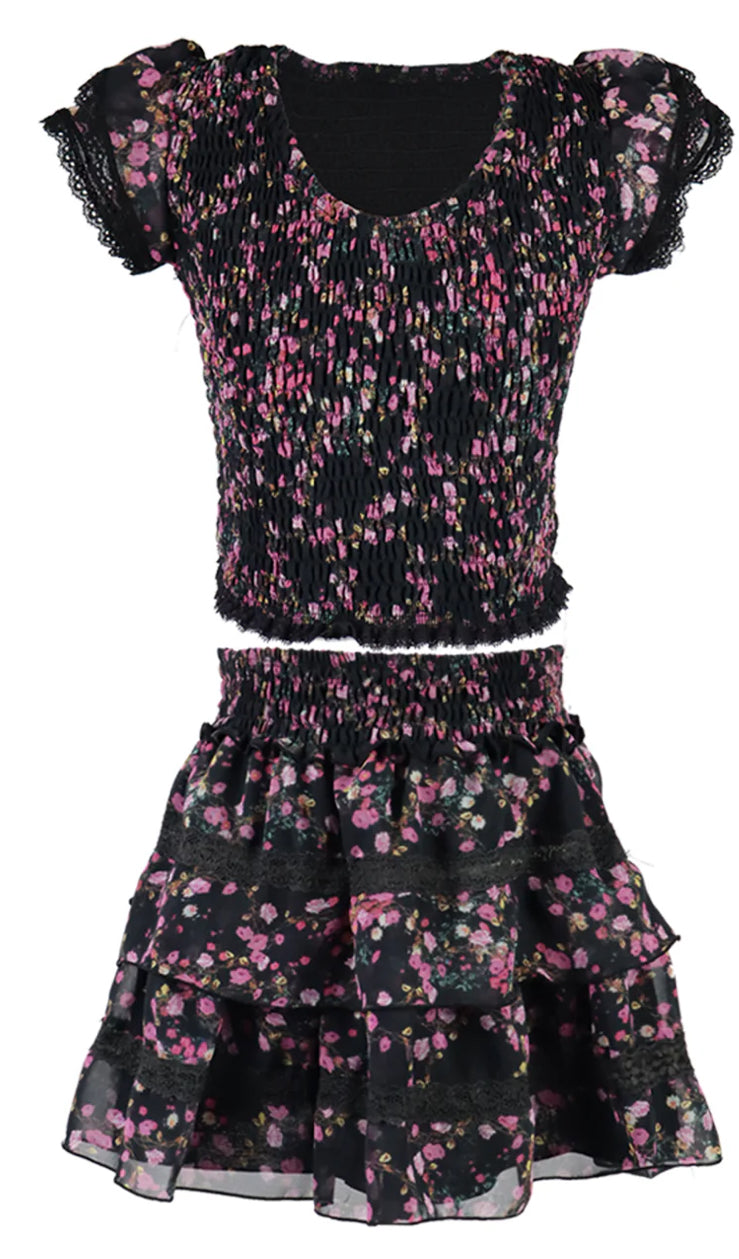 FBZ Blk pink rose skirt set