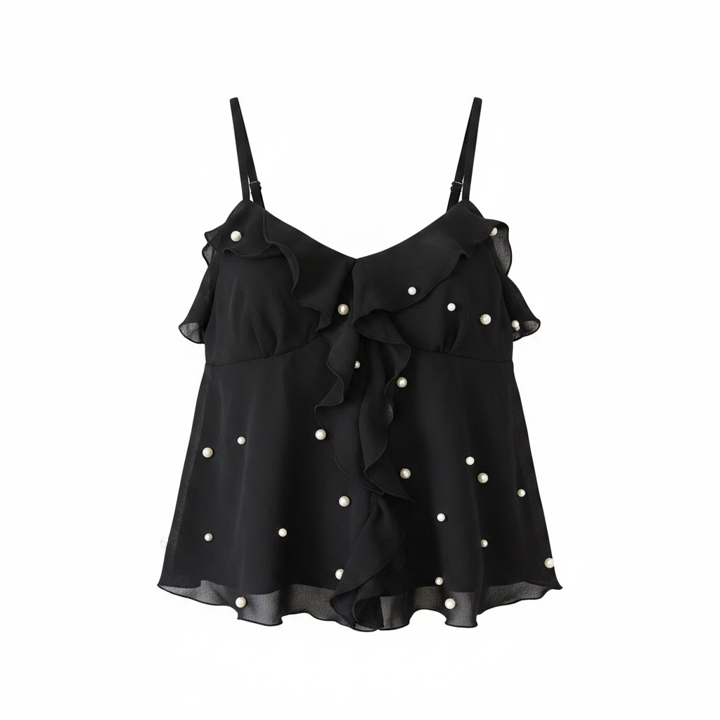 Black Chiffon Top w Pearls