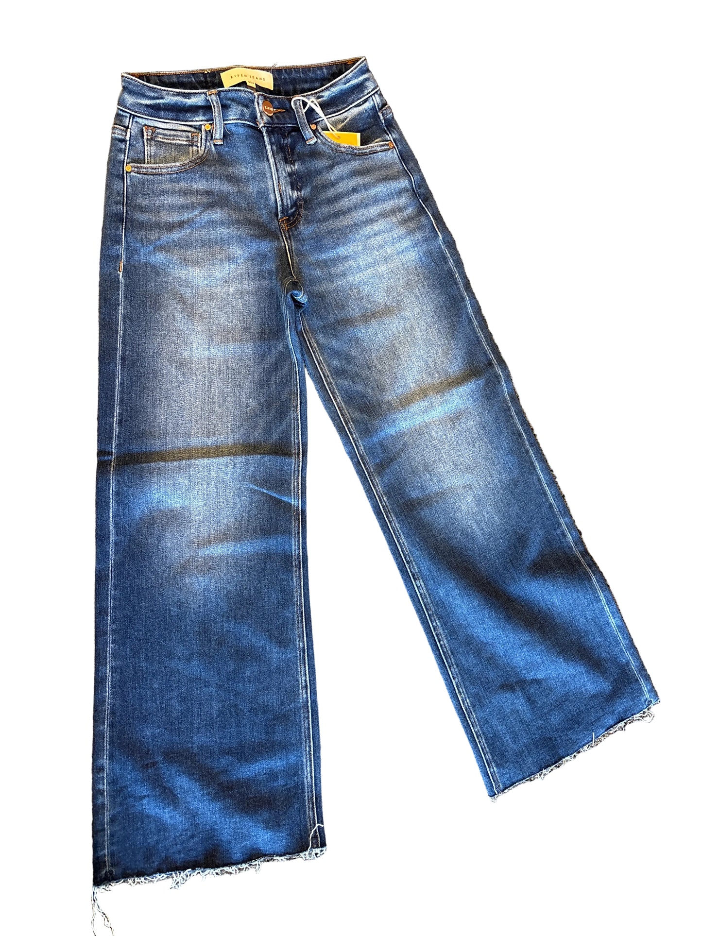 Mid Rise Crop Wide Raw Cut Hem Jeans