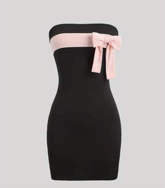MKK Black Tube Dress with Pink Bow