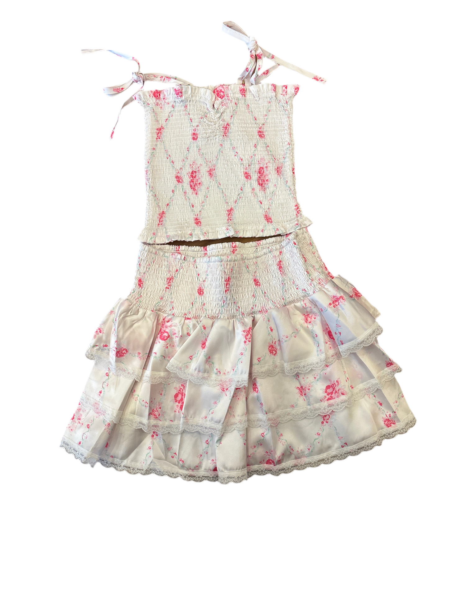 Vintage romantic rose satin mini skirt and top