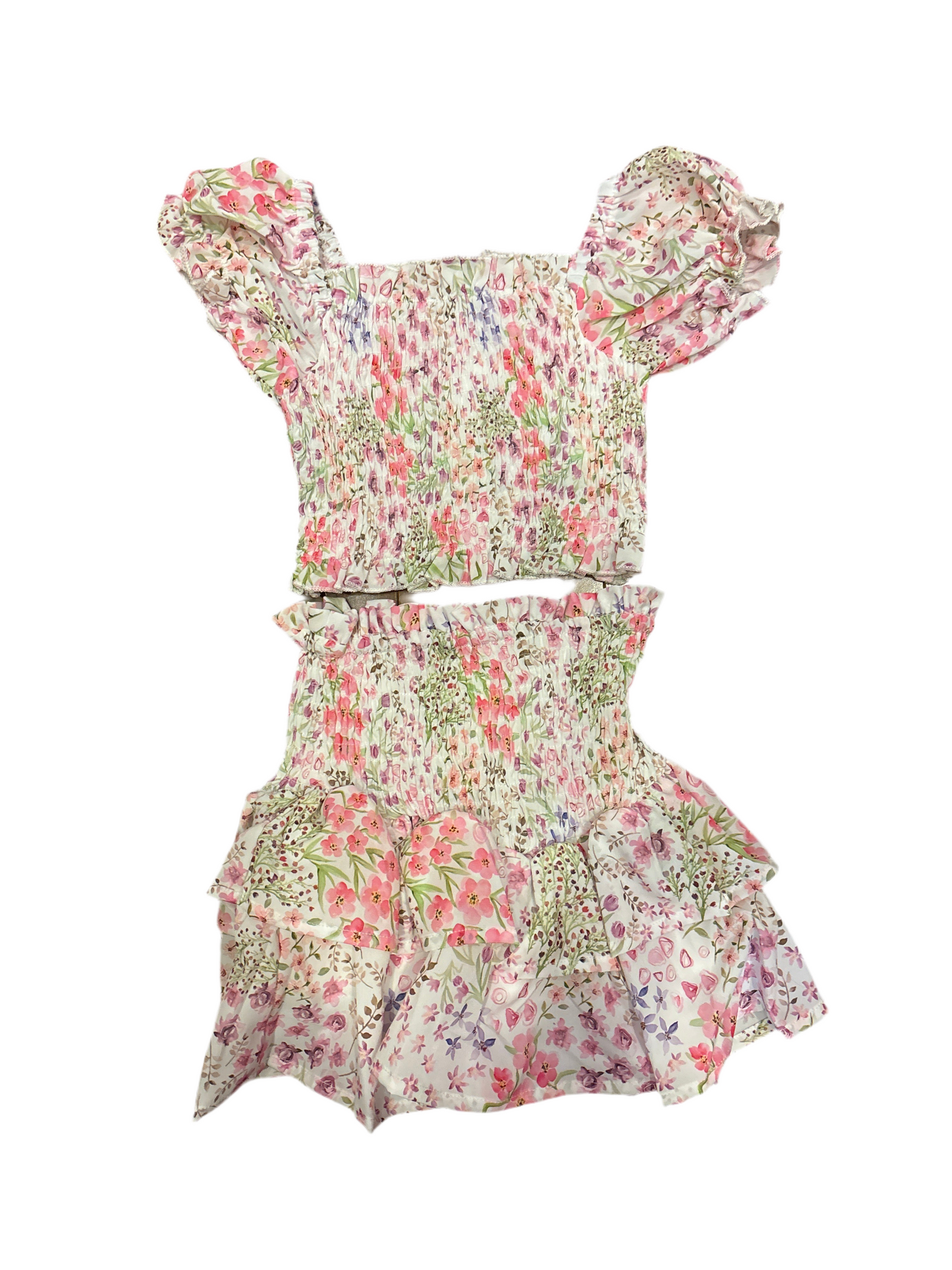 Spring garden smocked top w/tiered skirt set