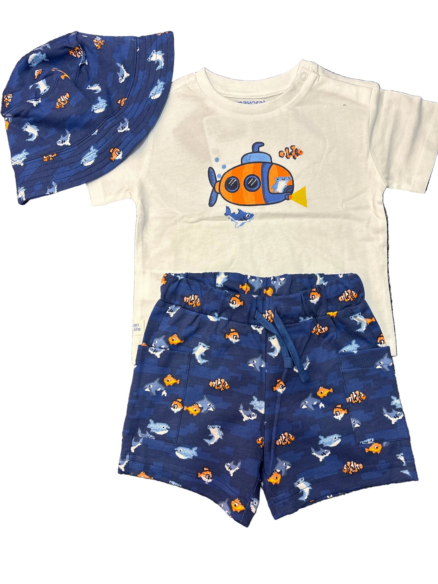 Knit set w/bucket hat blue fish
