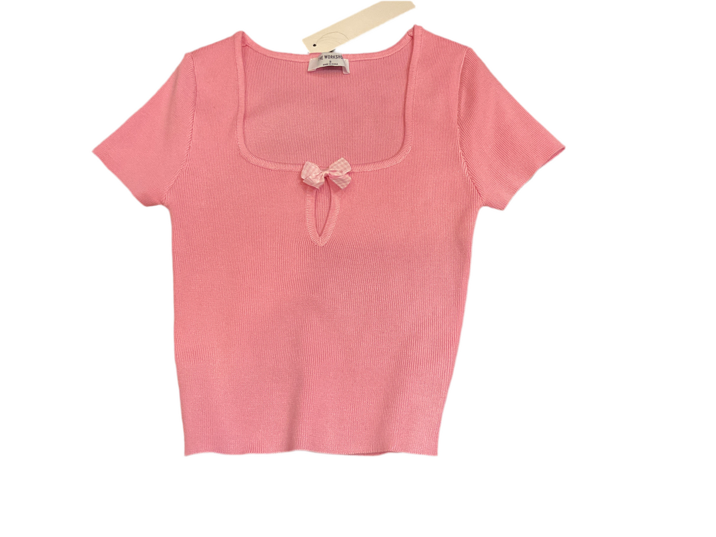 Gingham ss pink bow detail sweater