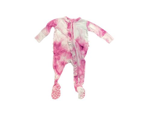 Lev baby pink ruffle tye die zippered footie
