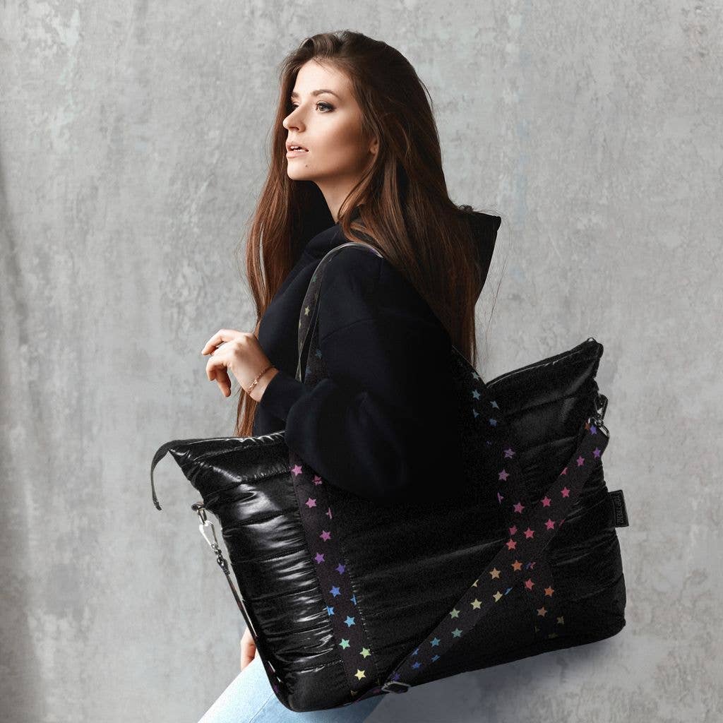 Black Puffer Tote Multi Star Strap