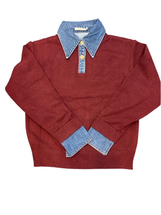 Wine sweater with denim collar