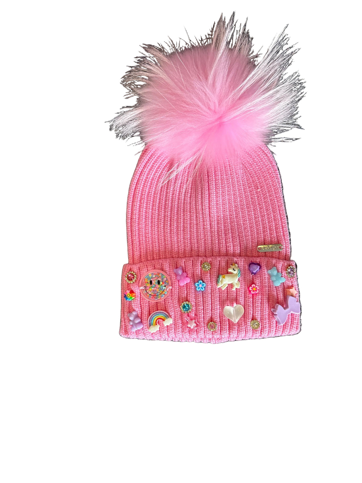 Charm cuff hat w/fur pom pom