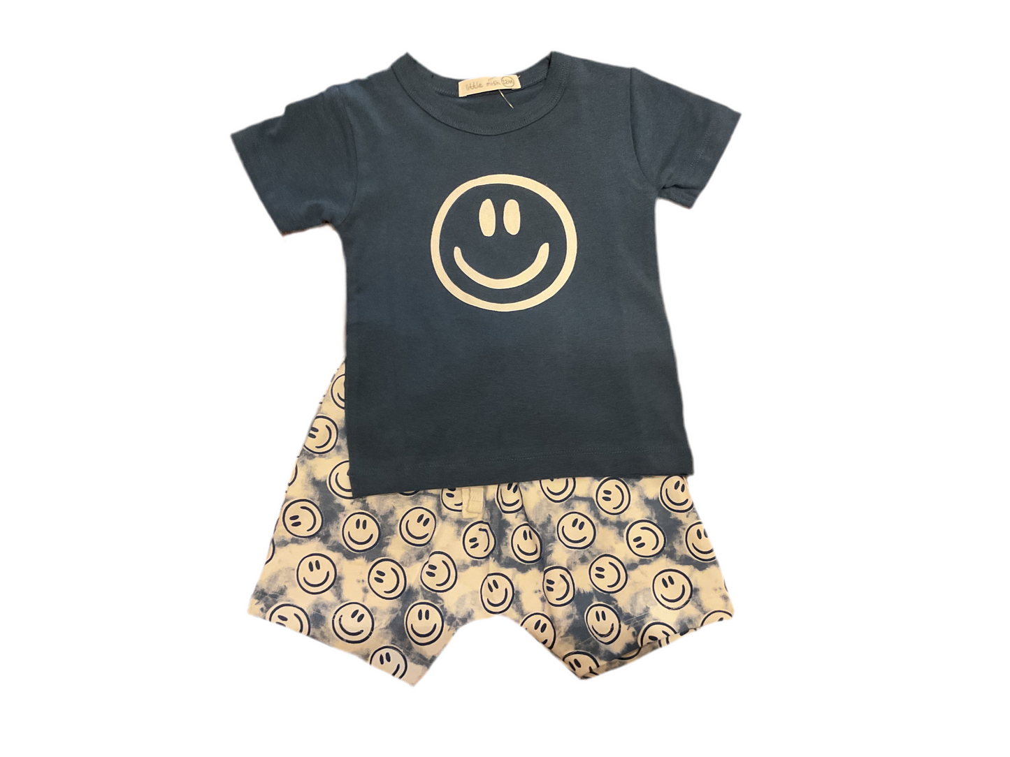 Little Mish blue smiley tshirt and short set