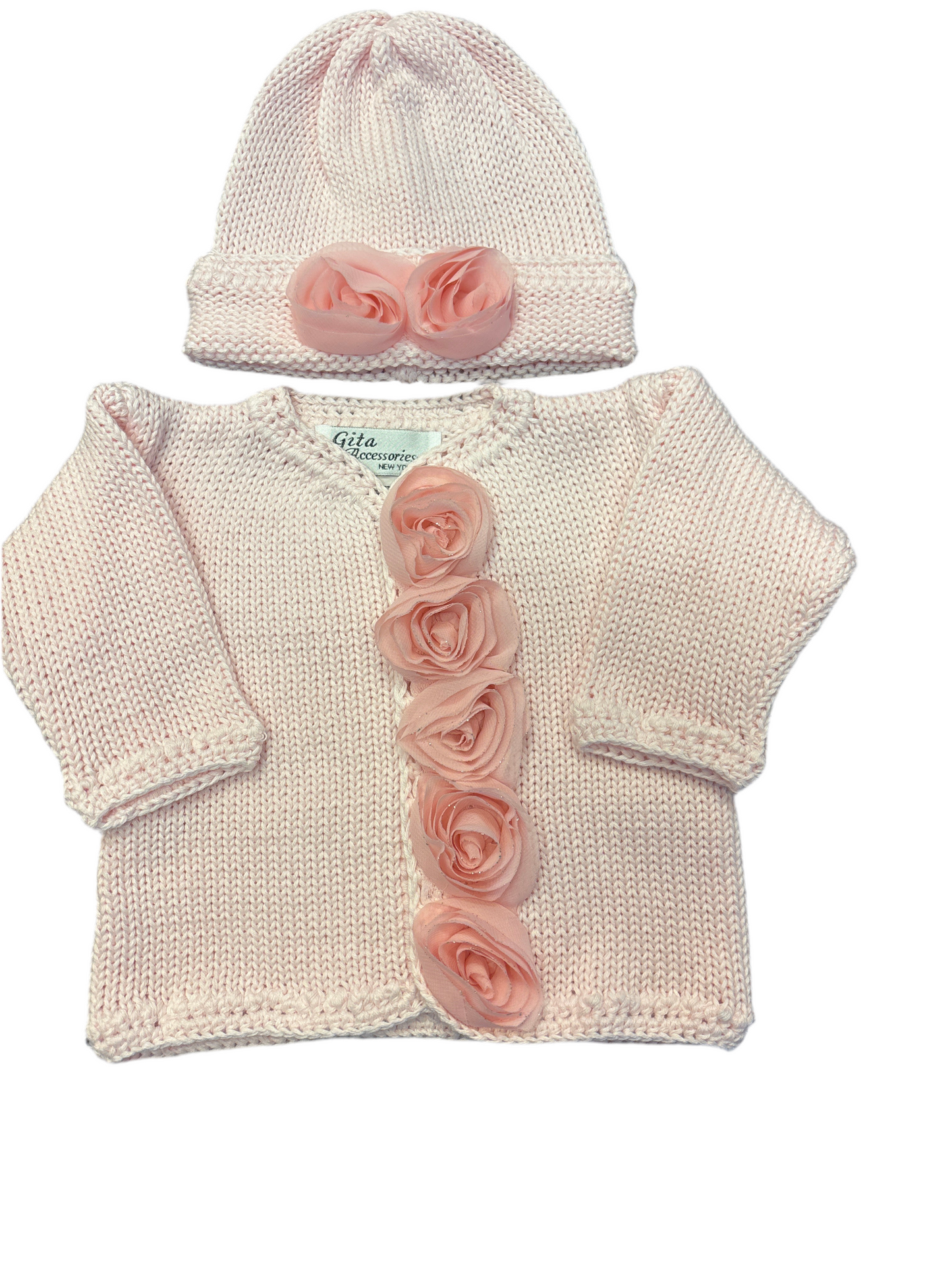 Pink chiffon flower sweater and hat