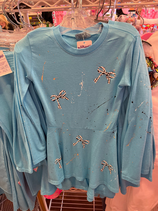 Firehouse teal bow splatter long sleeve dress