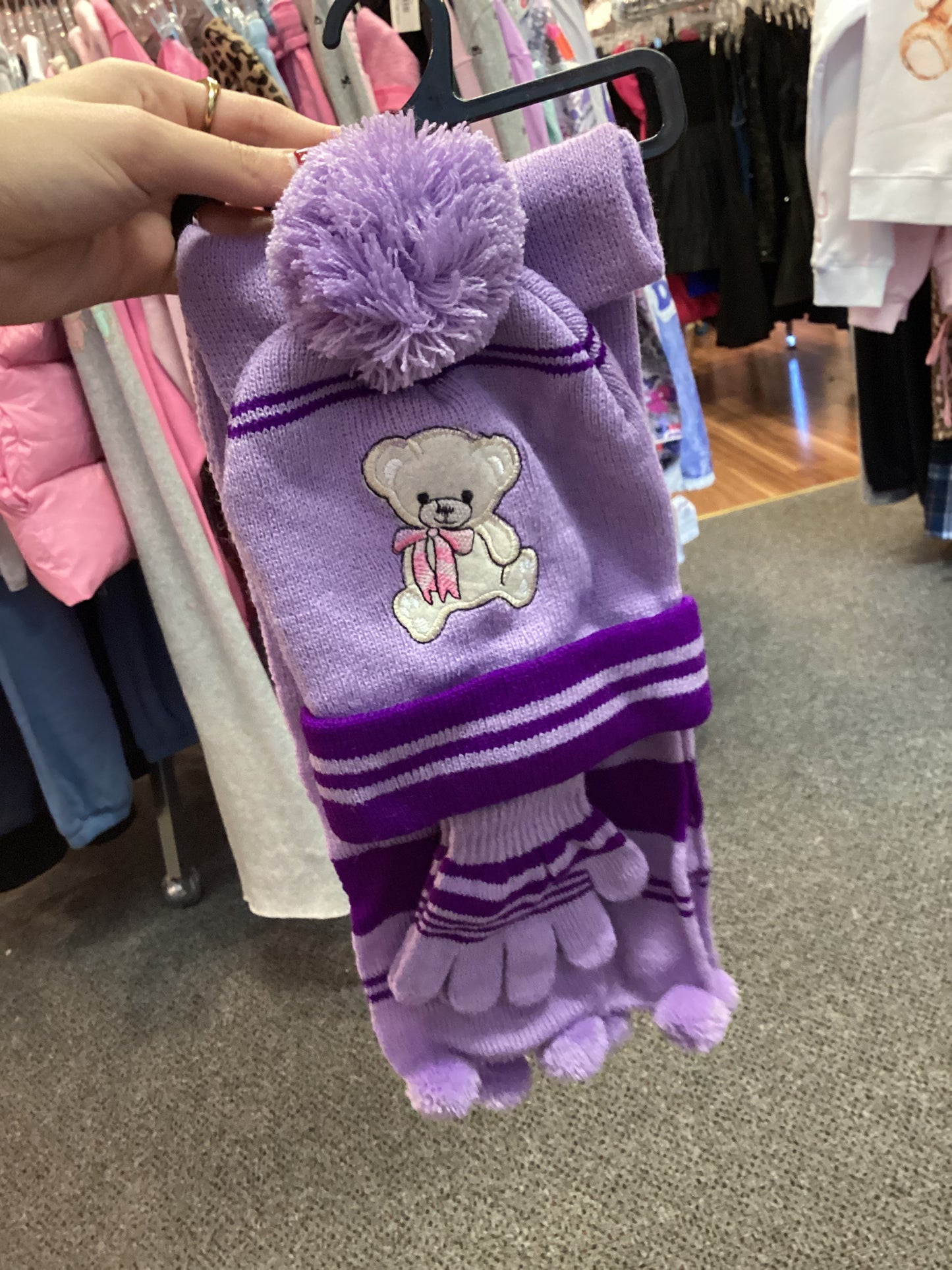Purple hat,gloves,and scarf set