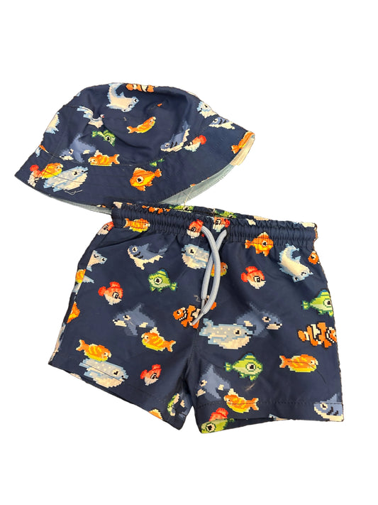 Blue fish swimsuit with hat