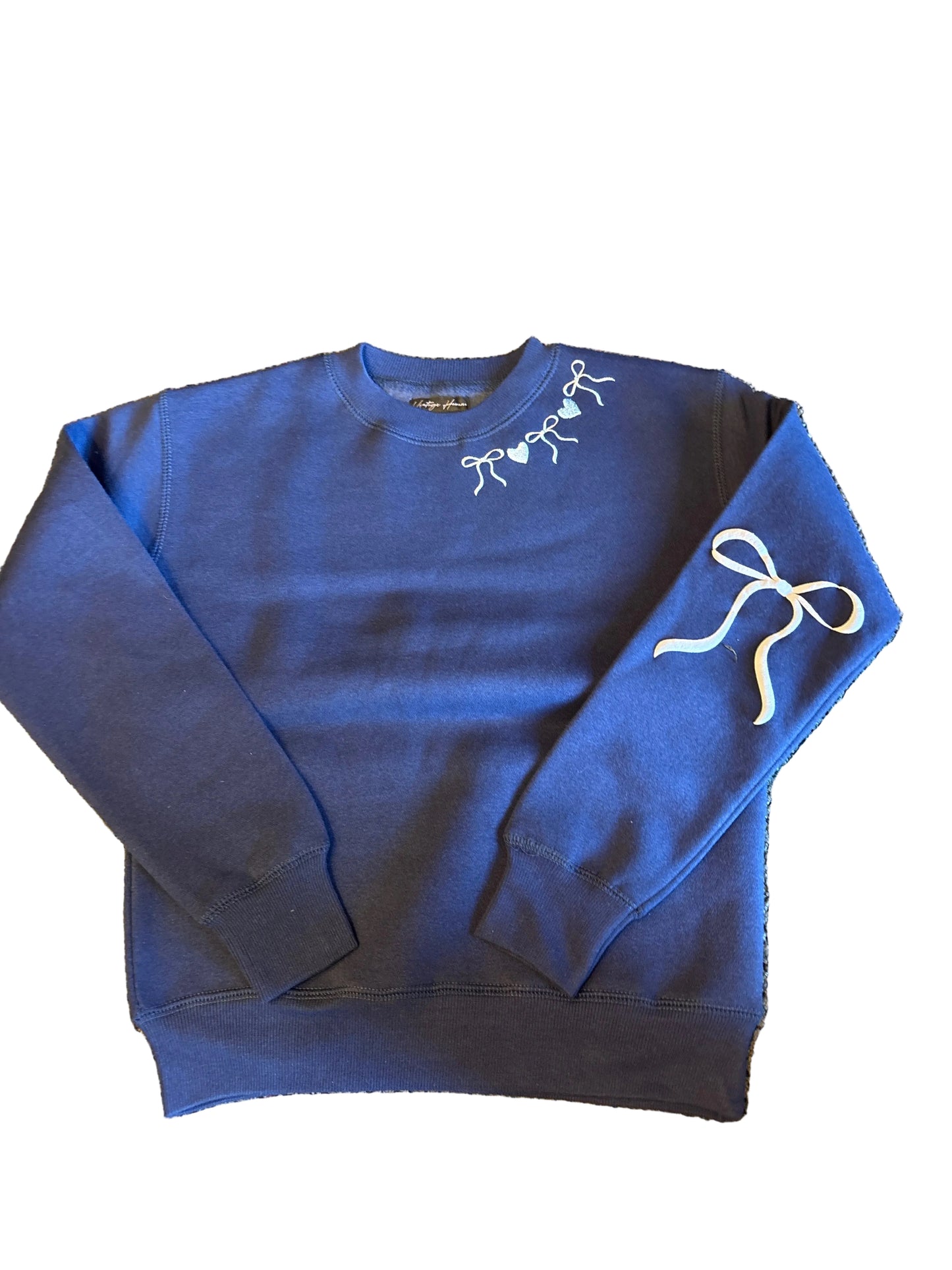 Navy darling puff print bow crewneck