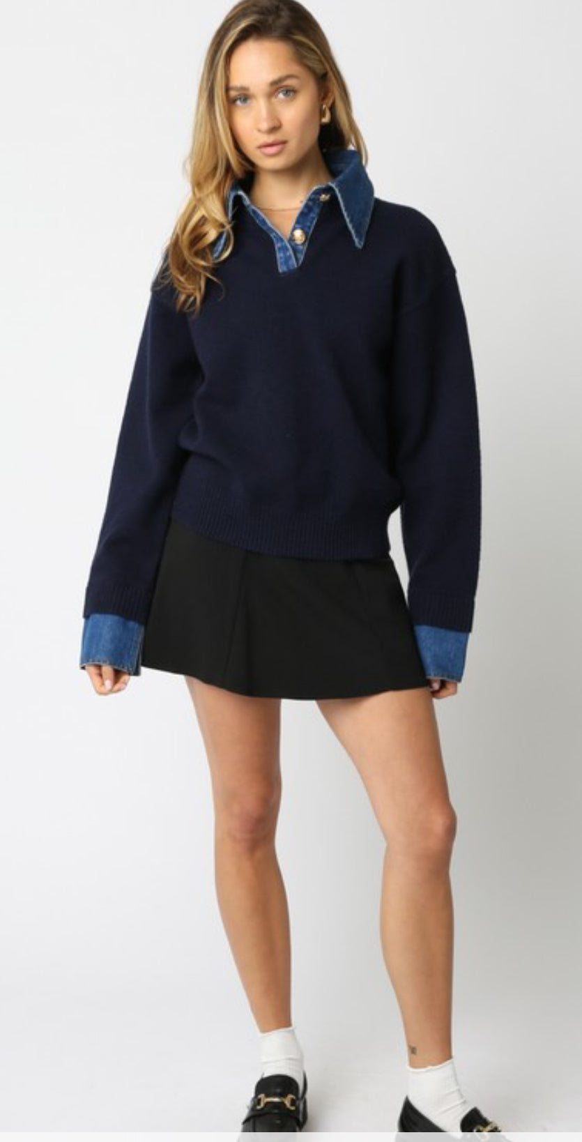 Sweater w/denim collar