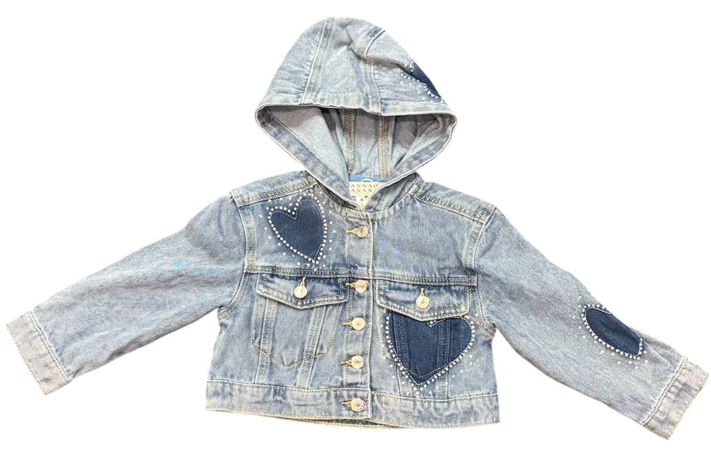 Tween Rhinestone Shadow Heart/Flower Denim Jacket