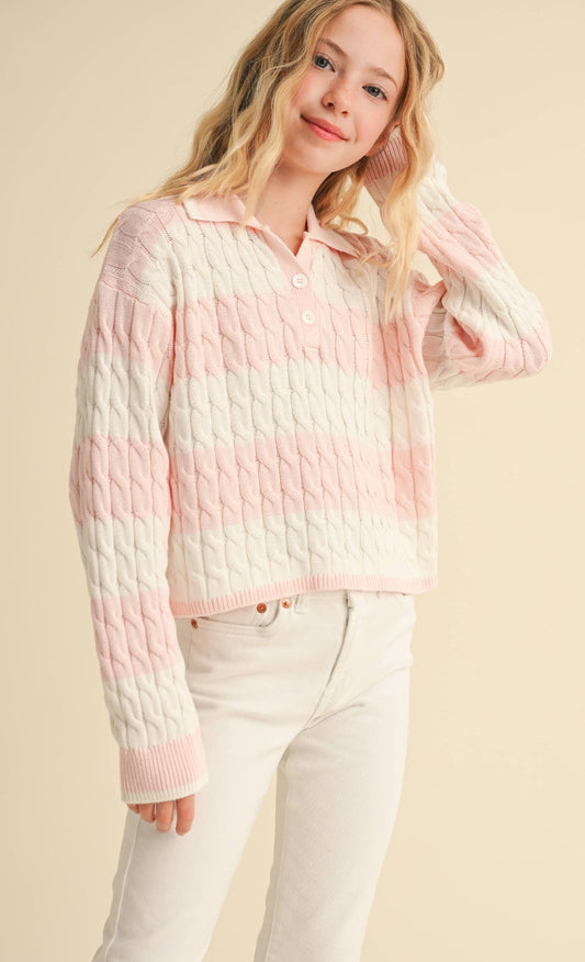 Pink & White Striped Collared Sweater