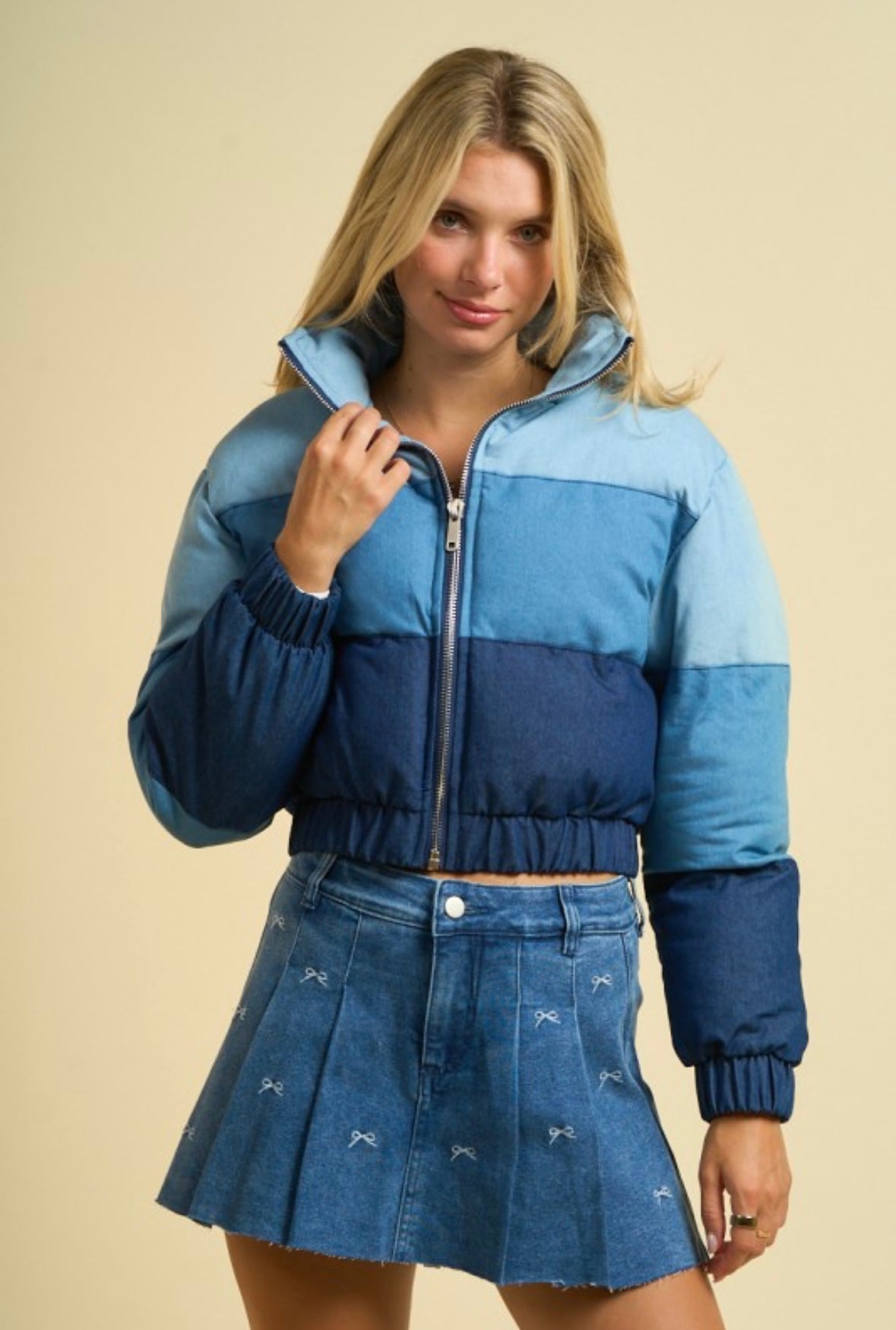 Cropped Denim Puffer Coat