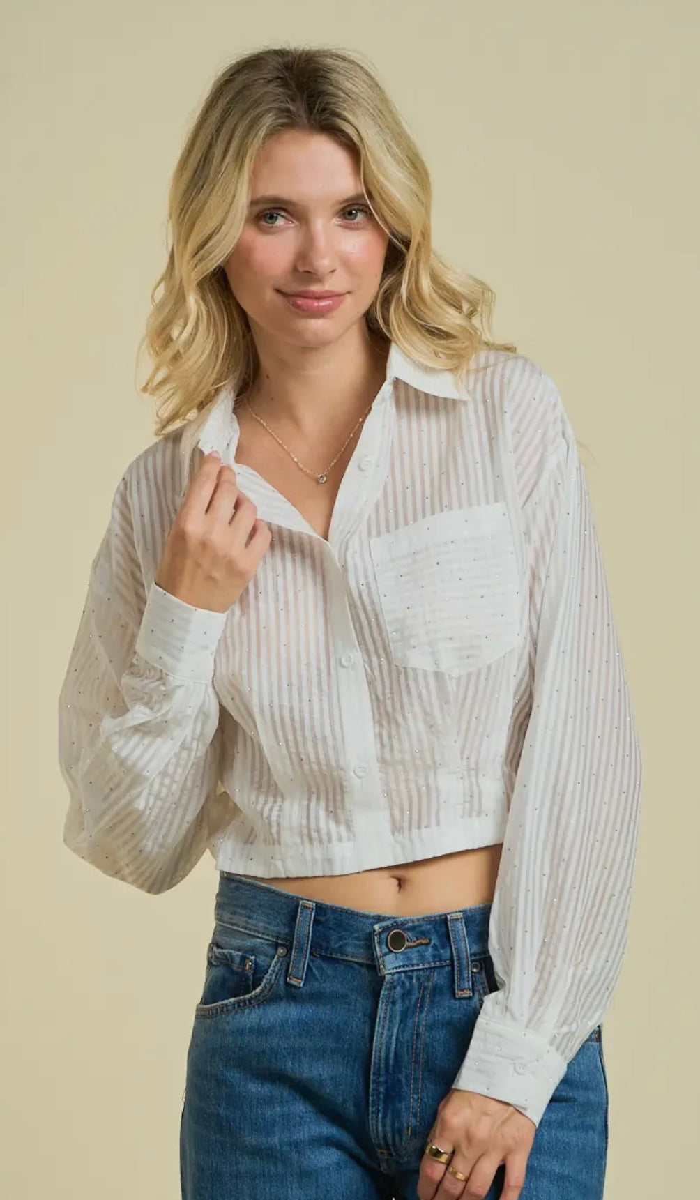 Long Sleeve Button Down  Scatter Rhinestone