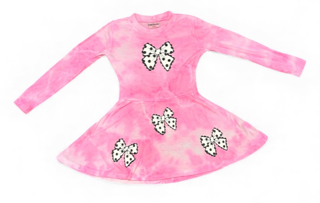 Long Sleeve Pink/White Bow Dress