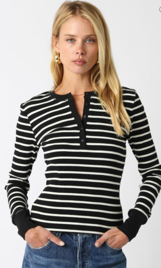 Black/White Stripe Henley Long Sleeve