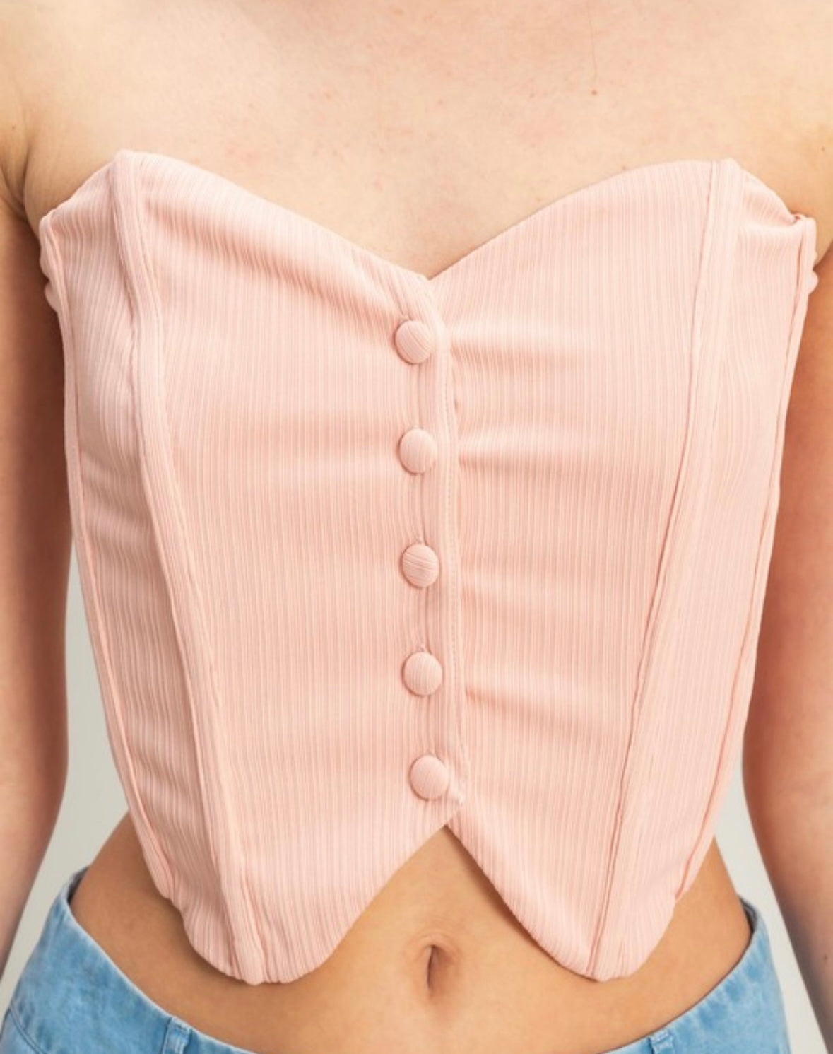 Button front strapless top