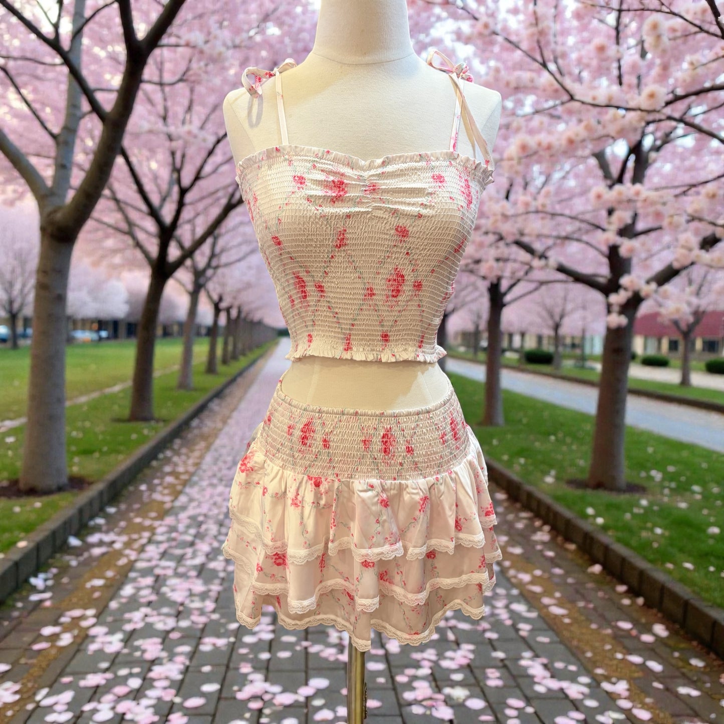 Vintage romantic rose satin mini skirt and top