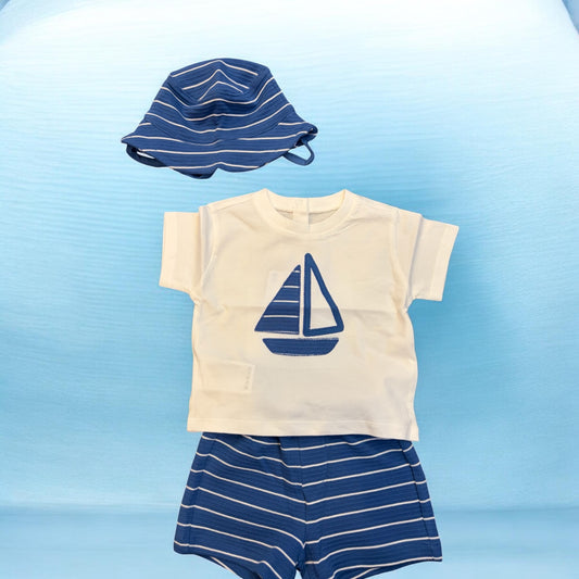 Blue Sailboat Knit Set w Hat