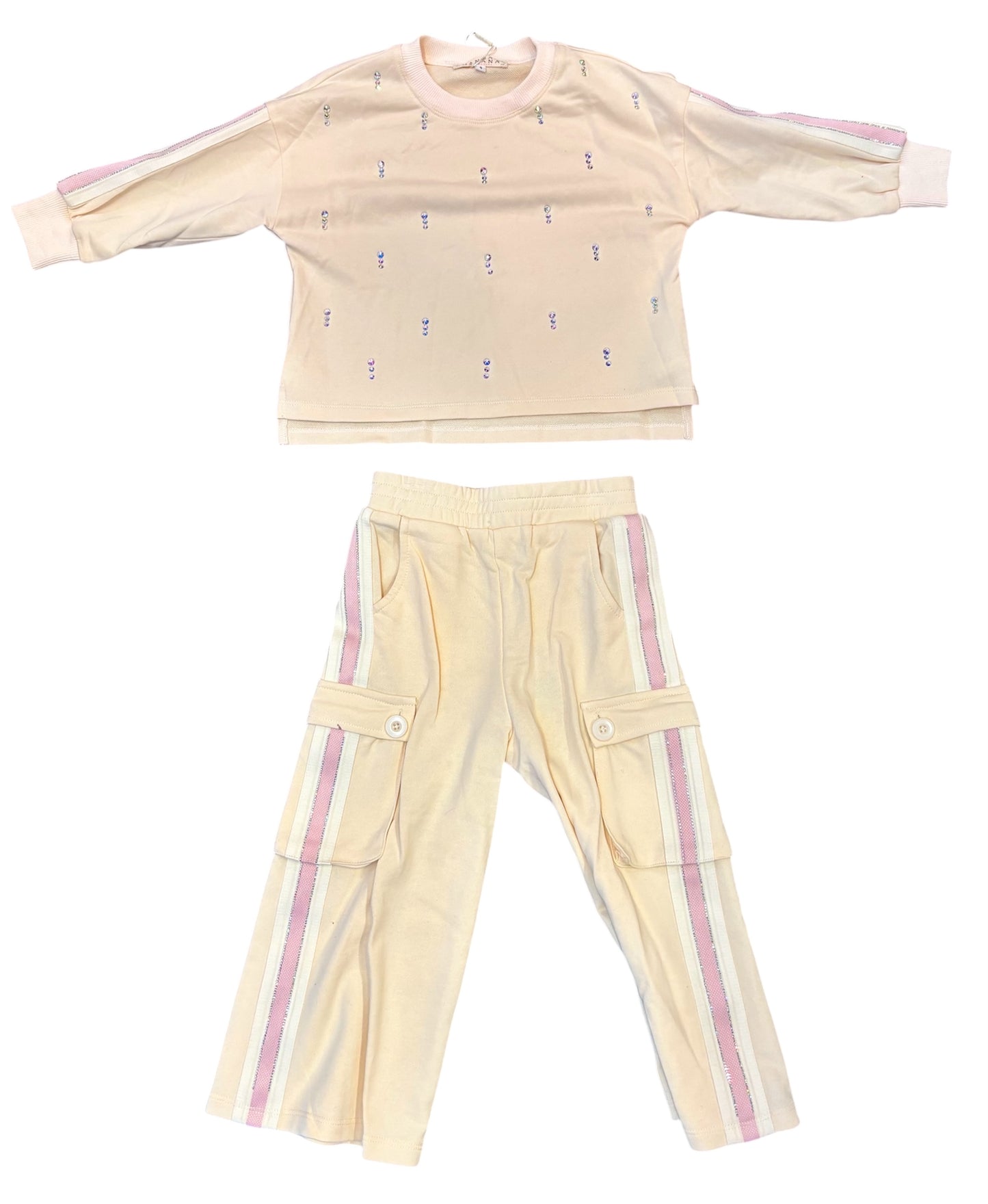 French Terry Sweatshirt & Cargo Sweats w/ Rhinestone Embellishments