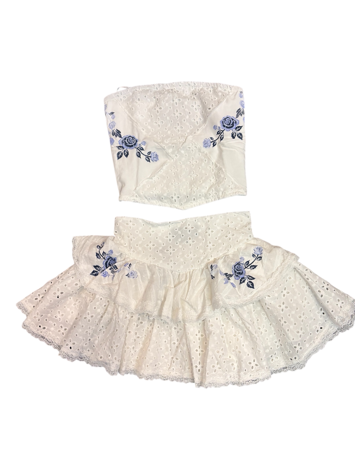 White & Blue Floral Tube Top Skirt Set