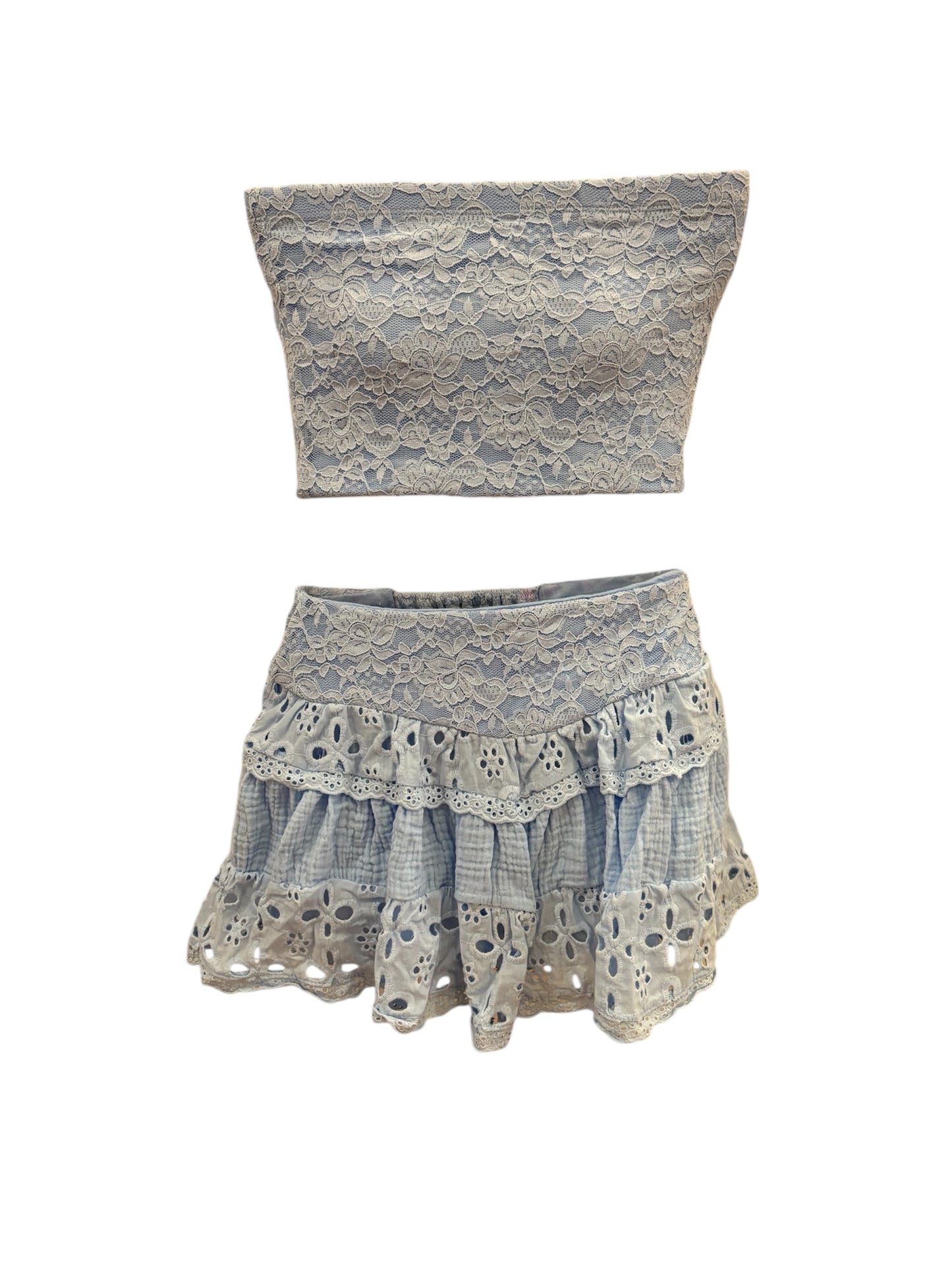 Blue flowered lace skirt set